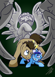 Size: 877x1240 | Tagged: safe, artist:rannva, doctor whooves, minuette, time turner, earth pony, pony, unicorn, g4, crying, weeping angel