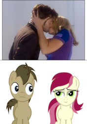 Size: 2480x3507 | Tagged: safe, artist:water-horse, doctor whooves, roseluck, time turner, earth pony, human, pony, g4, background pony, doctor who, duo, female, funny, irl, irl human, kissing, male, mare, photo, rose tyler, ship:doctorrose, shipping, simple background, stallion, the doctor, transparent background