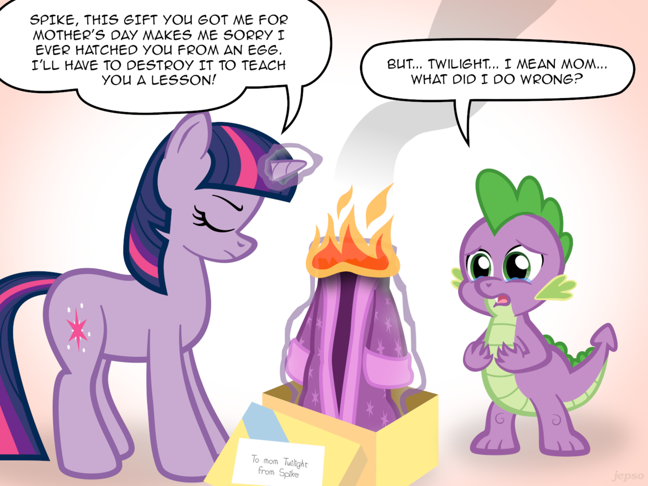 323109 - safe, artist:jepso, spike, twilight sparkle, dragon, pony,  unicorn, abuse, clothes, crying, duo, feels, fire, glowing, glowing horn,  horn, magic, mama twilight, mother's day, out of character, parody,  present, robe, speech