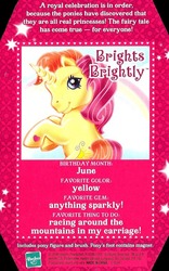 Size: 500x800 | Tagged: safe, brights brightly, pony, unicorn, g3, adorabrights, backcard, cute, hasbro, hasbro logo, logo, pony's foot contains magnet, solo, sparkly horn, text, toy