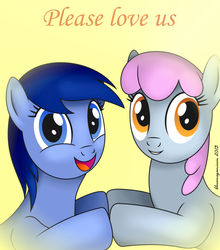 Size: 1686x1916 | Tagged: safe, artist:bluemeganium, bottlecap (g4), cloud showers, pony, g4, amazing, begging, blue bottles, bottleshowers, cute, duo, duo female, excited, female, happy, holding hooves, lesbian, looking at you, shipping, simple background, smiling, unbrella drops, yellow background