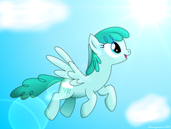 Size: 4000x3000 | Tagged: safe, artist:bluemeganium, spring melody, sprinkle medley, pegasus, pony, g4, cloud, cloudy, flying, sky, smiling, solo, sun, sunshine