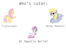 Size: 2048x1536 | Tagged: safe, derpy hooves, fluttershy, sweetie belle, pegasus, pony, g4, bronybait, cute, derpabetes, diasweetes, female, mare, meta, question, shyabetes