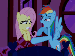 Size: 640x480 | Tagged: safe, screencap, fluttershy, rainbow dash, pegasus, pony, g4, season 2, the super speedy cider squeezy 6000, animated, assisted exposure, blushing, female, fluttershy sleeps naked, gif, lol, we don't normally wear clothes, wrong aspect ratio