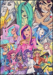 Size: 2410x3427 | Tagged: safe, artist:killa7, applejack, discord, fluttershy, king sombra, pinkie pie, princess cadance, princess celestia, princess luna, queen chrysalis, rainbow dash, rarity, twilight sparkle, g4, dark skin, humanized, sword, traditional art, winged humanization