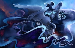 Size: 1280x828 | Tagged: safe, artist:blazegryph, princess luna, alicorn, pony, g4, crown, cute, ethereal mane, female, flying, galaxy mane, hoof shoes, jewelry, lunabetes, mare, regalia, solo, starry mane