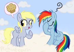 Size: 3507x2480 | Tagged: safe, artist:php158, derpy hooves, rainbow dash, pegasus, pony, g4, female, mare, muffin, speech bubble