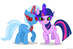 Size: 3000x2000 | Tagged: dead source, safe, artist:navitaserussirus, artist:spirit-lover-forever, trixie, twilight sparkle, pony, unicorn, g4, magic duel, the crystal empire, alicorn amulet, corrupted, corrupted twilight sparkle, dark magic, duo, evil, female, glare, glowing eyes, glowing horn, grin, horn, magic, magic aura, mare, raised hoof, raised leg, simple background, smirk, sombra eyes, transparent background, tyrant sparkle, unicorn twilight, vector