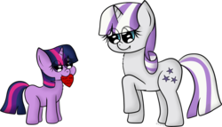 Size: 1000x572 | Tagged: safe, artist:chibi95, twilight sparkle, twilight velvet, pony, unicorn, g4, blank flank, eye clipping through hair, female, filly, filly twilight sparkle, mother's day, mouth hold, simple background, transparent background, younger