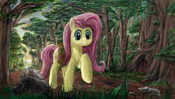 Size: 1920x1080 | Tagged: safe, artist:anttosik, fluttershy, g4, female, forest, scenery, solo