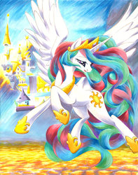 Size: 900x1144 | Tagged: safe, artist:muffyn-man, princess celestia, alicorn, pony, g4, canterlot castle, female, flying, mare, solo