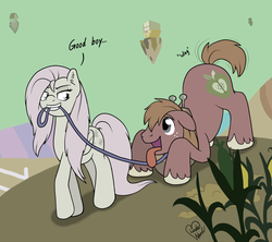 Size: 1013x900 | Tagged: safe, artist:marindashy, big macintosh, fluttershy, earth pony, pegasus, pony, g4, the return of harmony, behaving like a dog, big macindog, collar, discorded, female, femdom, flutterbitch, flutterdom, good boy, leash, looking at butt, male, malesub, mare, mouth hold, pet play, ship:fluttermac, stallion, submissive, tail wiggle