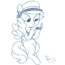 Size: 800x800 | Tagged: safe, artist:aa, oc, oc only, oc:savannah smile, pegasus, pony, ask a filly scout, askafillyscout, blank flank, compact mirror, earring, female, filly, filly guides, monochrome, sketch, solo