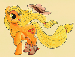 Size: 1500x1137 | Tagged: safe, artist:jrrhack, applejack, g4, boots, chest fluff, female, looking back, raised hoof, simple background, solo, windswept mane