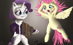 Size: 1440x900 | Tagged: safe, artist:blakstorm78, fluttershy, rarity, pony, g4, bipedal, crying, fur