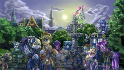 Size: 1280x720 | Tagged: safe, artist:saturnspace, amethyst star, derpy hooves, dinky hooves, doctor whooves, fluttershy, lyra heartstrings, princess luna, sparkler, star hunter, time turner, twilight sparkle, alicorn, earth pony, pegasus, pony, unicorn, clockwise whooves, g4, bipedal, clothes, cute, doctor who, fountain, jack harkness, k-9, monocle, moustache, steampunk, tardis, the doctor, umbrella, woona