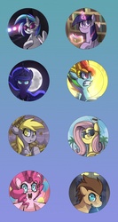 Size: 1000x1874 | Tagged: safe, artist:uc77, derpy hooves, dj pon-3, doctor whooves, fluttershy, pinkie pie, princess luna, rainbow dash, time turner, twilight sparkle, vinyl scratch, alicorn, earth pony, pegasus, pony, unicorn, g4, female, male, mare, stallion, unicorn twilight