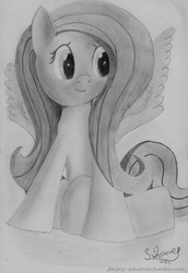 Size: 1280x1861 | Tagged: safe, artist:sergey-whooves, fluttershy, g4, female, monochrome, pencil drawing, sitting, solo, traditional art