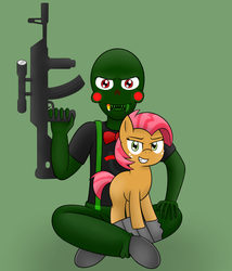 Size: 900x1050 | Tagged: safe, artist:pvryohei, babs seed, earth pony, pony, g4, assault rifle, caliborn, candy corn, cherub (homestuck), crossover, duo, female, filly, foal, green background, gun, homestuck, male, simple background