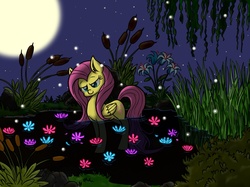 Size: 1195x895 | Tagged: safe, artist:jigglybelle, fluttershy, g4, female, moon, pond, solo, water