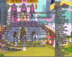 Size: 1179x928 | Tagged: safe, apple bloom, applejack, babs seed, berry punch, berryshine, big macintosh, blues, bon bon, carrot top, davenport, derpy hooves, diamond tiara, dinky hooves, discord, dj pon-3, fluttershy, golden harvest, king sombra, lyra heartstrings, noteworthy, octavia melody, pinkie pie, princess cadance, princess celestia, princess luna, queen chrysalis, rainbow dash, rarity, scootaloo, silver spoon, sweetie belle, sweetie drops, tom, trixie, twilight sparkle, vinyl scratch, g4, birthday game, cutie mark crusaders, exploitable meme, mane six, meme, text