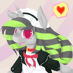 Size: 1000x1000 | Tagged: dead source, safe, artist:daqulith, oc, oc only, pony, unicorn, bipedal, bow, clothes, collar, heart, looking at you, maid, open mouth, pega, pictogram, smiling, solo