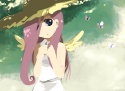 Size: 1366x1000 | Tagged: dead source, safe, artist:jiayi, fluttershy, butterfly, human, g4, female, hat, humanized, solo, winged humanization