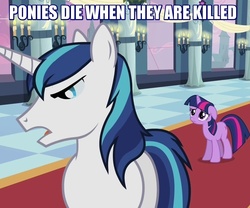 Size: 867x720 | Tagged: safe, edit, edited screencap, screencap, shining armor, twilight sparkle, pony, unicorn, a canterlot wedding, g4, bags under eyes, candle, captain obvious, caption, fate/stay night, featured image, female, floppy ears, frown, glare, image macro, impact font, lidded eyes, looking down, male, mare, meme, open mouth, people die when they are killed, quote, sad, shaped like itself, stallion, unicorn twilight, you don't say