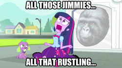 Size: 625x351 | Tagged: safe, edit, edited screencap, screencap, spike, twilight sparkle, dog, gorilla, human, equestria girls, g4, my little pony equestria girls, image macro, jimmies, spike the dog