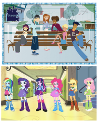 Size: 538x646 | Tagged: safe, applejack, fluttershy, pinkie pie, rainbow dash, rarity, twilight sparkle, human, equestria girls, g4, my little pony equestria girls, 6teen, comparison, eqg promo pose set, mane six