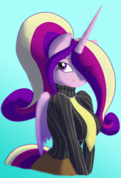 Size: 1666x2450 | Tagged: safe, artist:hazama, artist:zev, princess cadance, anthro, hoofbeat 2, g4, breasts, busty princess cadance, clothes, colored, female, high ponytail, hoofbeat, necktie, ponytail, shirt, skirt, smiling, sweater, tongue out