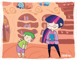 Size: 1024x805 | Tagged: safe, artist:kyokaiba, spike, twilight sparkle, g4, glasses, humanized, sleeping