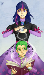 Size: 900x1519 | Tagged: safe, artist:s-opal, spike, twilight sparkle, g4, humanized