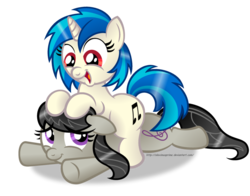 Size: 1024x803 | Tagged: safe, artist:aleximusprime, dj pon-3, octavia melody, vinyl scratch, earth pony, pony, unicorn, g4, cute, cutie mark, female, floppy ears, hooves, horn, lying down, mare, on top, open mouth, prone, puppy ponies, simple background, sitting, smiling, tavibetes, transparent background, vector, vinylbetes, wrong eye color