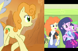Size: 500x327 | Tagged: safe, artist:cheryl-jum, edit, screencap, carrot top, derpy hooves, golden harvest, golden hazel, sophisticata, spike, twilight sparkle, dog, earth pony, human, pony, equestria girls, g4, my little pony equestria girls, background character, background human, background pony, backpack, book, clothes, comparison, cropped, dress, notepad, pleated skirt, scarf, shirt, skirt, spike the dog, spread wings, wings