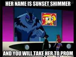 Size: 625x468 | Tagged: safe, sunset shimmer, human, equestria girls, g4, my little pony equestria girls, image macro, killer moth, robin, starfire, teen titans