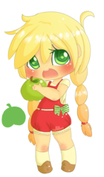 Size: 793x1346 | Tagged: safe, artist:puffleduck, applejack, human, g4, chibi, cute, female, hatless, humanized, jackabetes, missing accessory, simple background, solo, transparent background