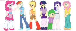 Size: 3500x1441 | Tagged: safe, artist:php158, applejack, fluttershy, pinkie pie, rainbow dash, rarity, spike, twilight sparkle, g4, hug, humanized, line-up, mane seven