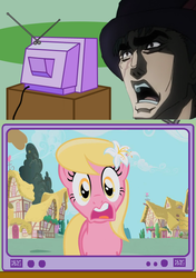 Size: 564x800 | Tagged: safe, lily, lily valley, earth pony, pony, g4, even speedwagon is afraid, exploitable meme, fourth wall, jojo's bizarre adventure, meme, robert eo speedwagon, shocked, the horror, tv meme