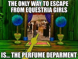 Size: 500x375 | Tagged: safe, human, equestria girls, g4, barely pony related, equestria girls drama, image macro, irl, irl human, male, perfume department, photo, shanghaied, spongebob squarepants, spongebob squarepants (character)