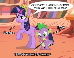 Size: 460x360 | Tagged: safe, dhx media, idw, spike, twilight sparkle, dragon, pony, unicorn, g4, comic, drama, duo, element of harmony, hasbro, unicorn twilight