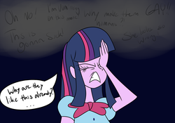 Size: 1280x896 | Tagged: safe, artist:mofetafrombrooklyn, twilight sparkle, human, equestria girls, g4, equestria girls drama, eyes closed, facepalm, female, solo, upset