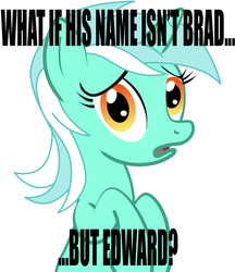 Size: 436x504 | Tagged: safe, flash sentry, lyra heartstrings, pony, equestria girls, g4, brad, conspiracy lyra, edward cullen, exploitable meme, image macro, meme