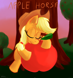 Size: 800x850 | Tagged: safe, artist:senx, applejack, g4, apple, eyes closed, female, hug, solo, tree