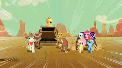 Size: 500x278 | Tagged: safe, screencap, applejack, fluttershy, pinkie pie, rainbow dash, rarity, twilight sparkle, pony, g4, season 2, the last roundup, animated, carriage, chase, coach, female, male, speed lines