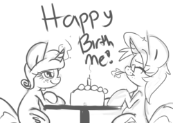 Size: 3223x2298 | Tagged: safe, artist:leadhooves, oc, oc only, oc:kneaded rubber, oc:succy, birthday, cake, grayscale, monochrome