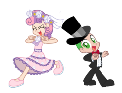 Size: 555x422 | Tagged: safe, artist:trinityinyang, spike, sweetie belle, a canterlot wedding, g4, clothes, cropped, female, flower girl, flower girl dress, hat, humanized, male, scene interpretation, ship:spikebelle, shipping, simple background, straight, suit, top hat, transparent background, tuxedo