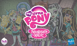 Size: 1500x900 | Tagged: safe, human, equestria girls, g4, clawdeen wolf, cleo de nile, draculaura, frankie stein, hasbro, lagoona blue, monster high, monster high logo, my little pony logo, the hub