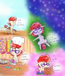 Size: 575x676 | Tagged: safe, artist:danadyu, twist, earth pony, pony, ask twist, g4, ask, cooking, glasses, reading, stargazing