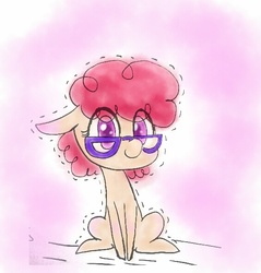 Size: 564x590 | Tagged: safe, artist:danadyu, twist, earth pony, pony, ask twist, g4, female, filly, foal, glasses, looking at you, sitting, solo